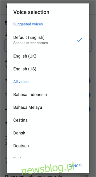 Chọn giọng nói mới trong menu chọn giọng nói trong Google Maps