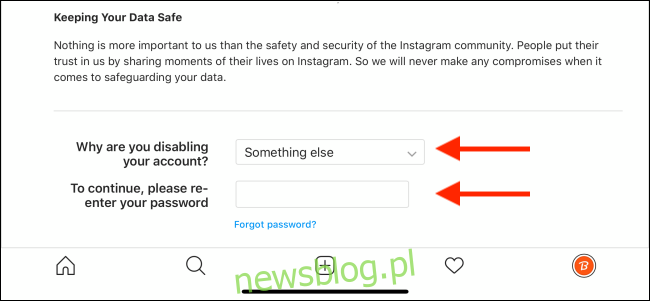 Chọn một lý do và nhập mật khẩu Instagram của bạn