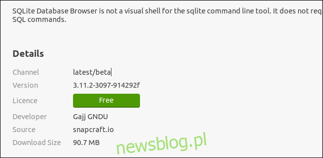 Thông tin cụ thể về Snap liên quan đến SQLITebrowser trong ứng dụng Phần mềm Ubuntu.