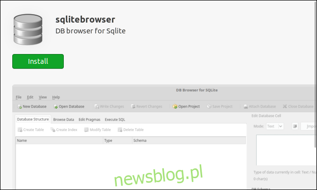 Trang cài đặt trình duyệt SQLite trong ứng dụng Phần mềm Ubuntu.