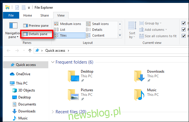 Nhấp vào Ngăn chi tiết trong Trình khám phá tệp hệ thống Windows 10