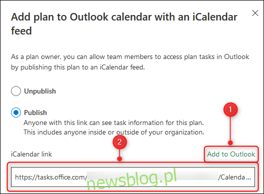 Các tùy chọn để thêm công cụ lập kế hoạch vào lịch của bạn hoặc sao chép liên kết tới iCalendar.