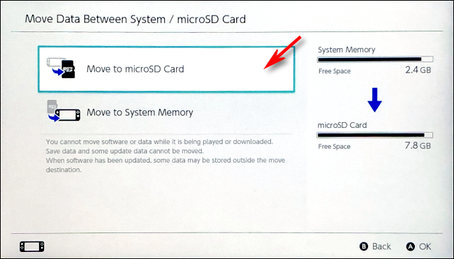 Chọn chuyển sang thẻ nhớ microSD để Nintendo Switch