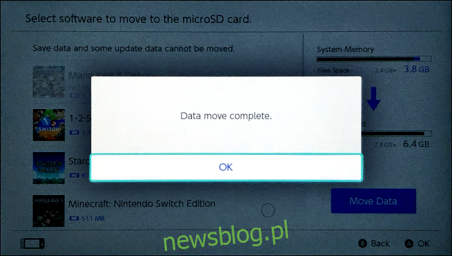 Việc truyền dữ liệu đã được hoàn thành trên Nintendo Switch