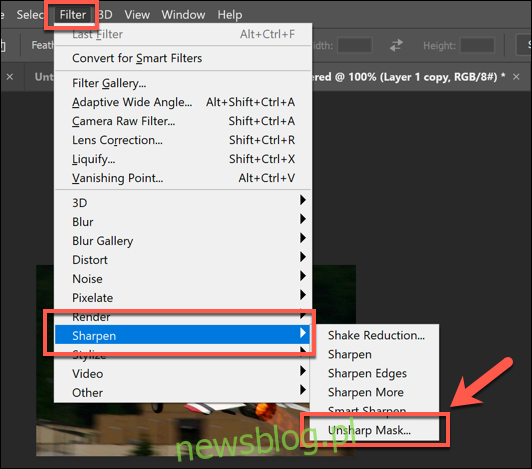Nhấn Filter ></noscript> Sharpen > Unsharp Mask để sử dụng bộ lọc mặt nạ không sắc nét của Photoshop “width=”532″ height = “469″ onload =” pagespeed.lazyLoadImages.loadIfVisibleAnd MaybeBeacon(this);  “onerror = “this.onerror = null;  pagespeed.lazyLoadImages.loadIfVisibleAnd MaybeBeacon (this);”></p><div style=