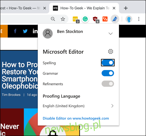 tab cài đặt Microsoft Editor cho Chrome