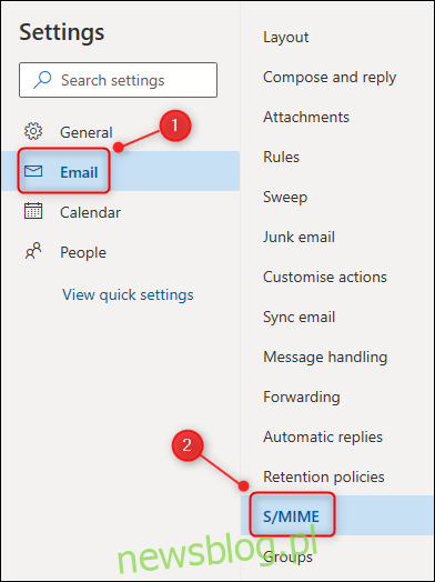 Menu Cài đặt Outlook có phần mở rộng 