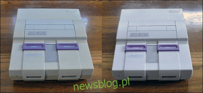 Super Nintendo bị ố vàng ở bên trái và màu trắng sáng tương tự sau khi lau Retr0bright ở bên phải. 