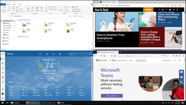 Bốn cửa sổ, mỗi cửa sổ chiếm một phần tư màn hình trên hệ thống Windows 10,