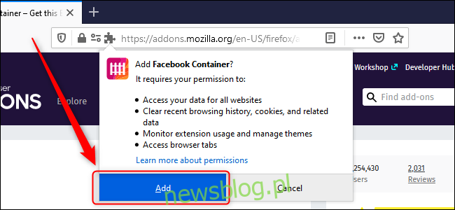 Firefox Thêm vùng chứa Facebook
