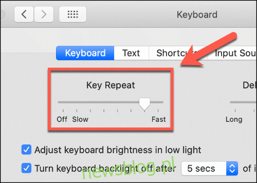 Di chuyển thanh trượt Lặp lại phím lên hoặc xuống để thay đổi tốc độ lặp lại bàn phím máy Mac của bạn