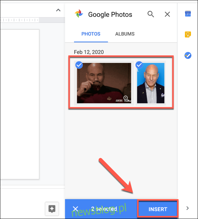 Chọn hình ảnh bằng menu Google Photos, sau đó nhấp vào nút Chèn để chèn chúng vào Google Trang trình bày