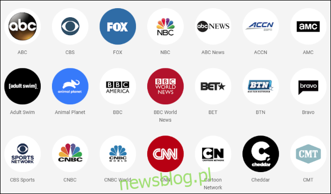 Logo của các mạng truyền hình có sẵn trong YouTube TV