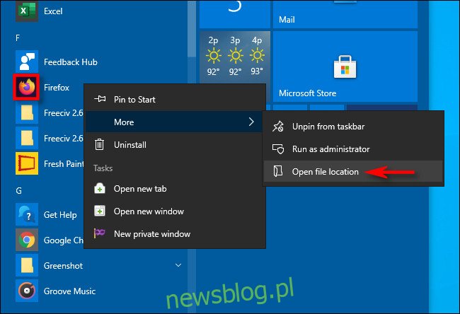 Tìm vị trí của lối tắt ứng dụng bằng menu Bắt đầu trên hệ thống của bạn Windows 10
