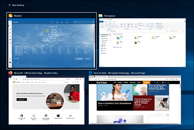 Bốn cửa sổ đang mở trong chế độ xem tác vụ hệ thống Windows 10.