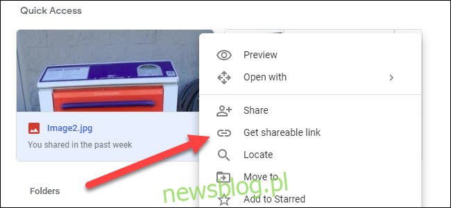 Menu con Google Drive với tùy chọn nhận liên kết có thể chia sẻ.