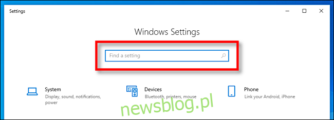 Tìm thanh tìm kiếm cài đặt hệ thống Windows trong hệ thống Windows 10.