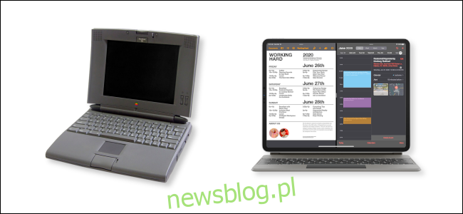 PowerBook 540c bên cạnh iPad Pro với bàn phím ma thuật. 