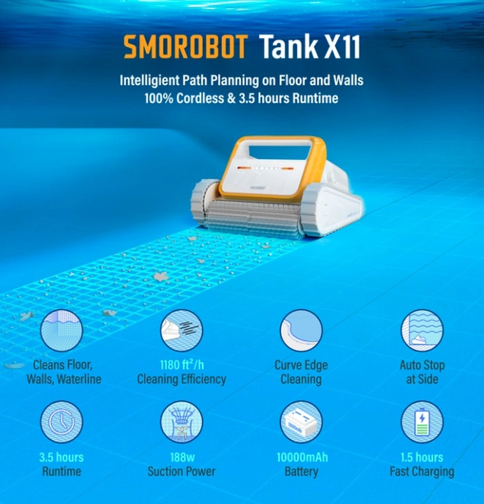 Tính năng làm sạch hồ bơi không dây Smorobot Tank X11