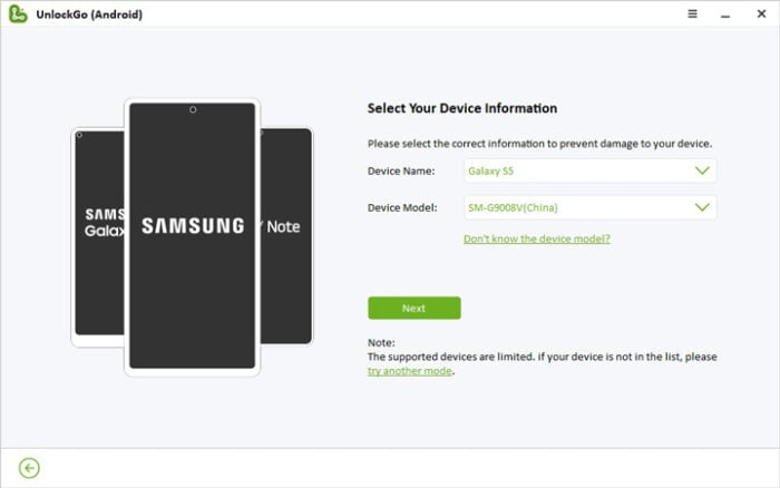 Chọn model để mở khóa Samsung mà không làm mất dữ liệu